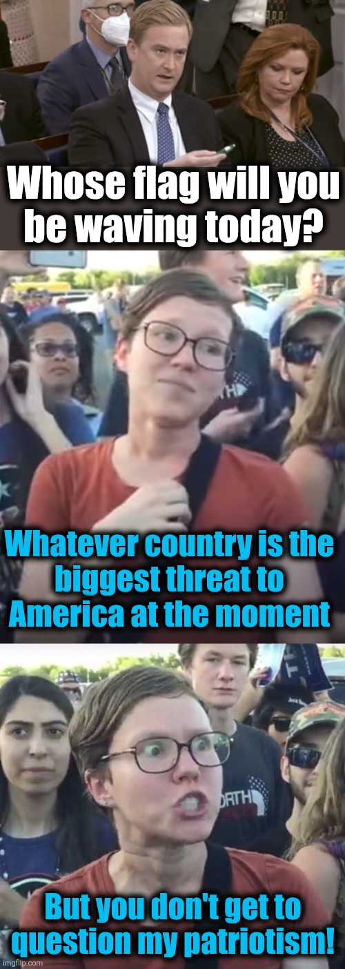 Maybe they're just crazy | Whose flag will you
be waving today? Whatever country is the
biggest threat to
America at the moment; But you don't get to
question my patriotism! | image tagged in peter doocy asking questions,triggered feminist,memes,democrats,flags,patriotism | made w/ Imgflip meme maker