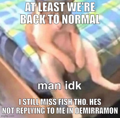 man idk | AT LEAST WE'RE BACK TO NORMAL; I STILL MISS FISH THO. HES NOT REPLYING TO ME IN DEMIRRAMON | image tagged in man idk,sans of topic | made w/ Imgflip meme maker