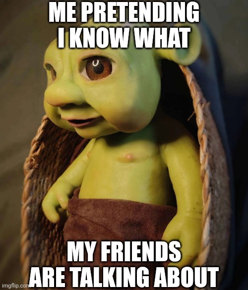 Baby Shrek | ME PRETENDING I KNOW WHAT; MY FRIENDS ARE TALKING ABOUT | image tagged in baby shrek | made w/ Imgflip meme maker