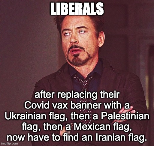 They pledge allegiance to any flag but the United States. Liberals are traitors. | LIBERALS; after replacing their Covid vax banner with a Ukrainian flag, then a Palestinian flag, then a Mexican flag, now have to find an Iranian flag. | image tagged in robert downey jr rolling eyes | made w/ Imgflip meme maker