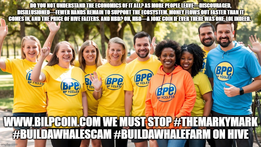 DO YOU NOT UNDERSTAND THE ECONOMICS OF IT ALL? AS MORE PEOPLE LEAVE—DISCOURAGED, DISILLUSIONED—FEWER HANDS REMAIN TO SUPPORT THE ECOSYSTEM. MONEY FLOWS OUT FASTER THAN IT COMES IN, AND THE PRICE OF HIVE FALTERS. AND HBD? OH, HBD—A JOKE COIN IF EVER THERE WAS ONE. LOL INDEED. WWW.BILPCOIN.COM WE MUST STOP #THEMARKYMARK #BUILDAWHALESCAM #BUILDAWHALEFARM ON HIVE | made w/ Imgflip meme maker