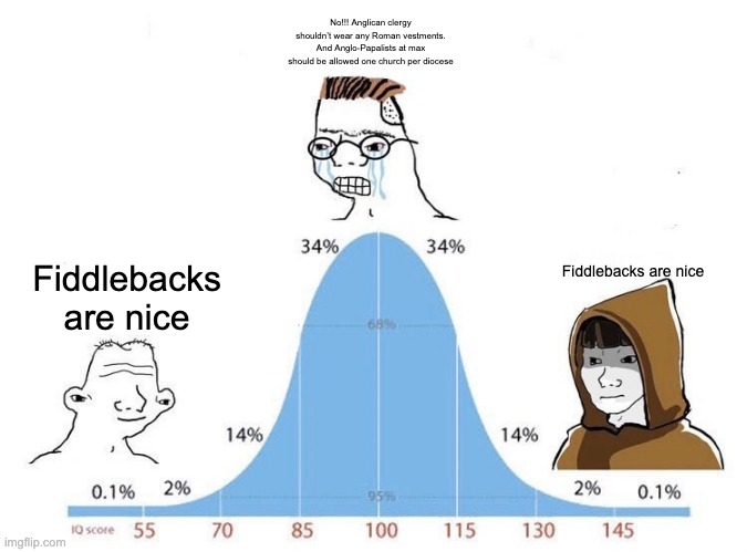 Bell Curve | No!!! Anglican clergy shouldn’t wear any Roman vestments. And Anglo-Papalists at max should be allowed one church per diocese; Fiddlebacks are nice; Fiddlebacks are nice | image tagged in bell curve | made w/ Imgflip meme maker