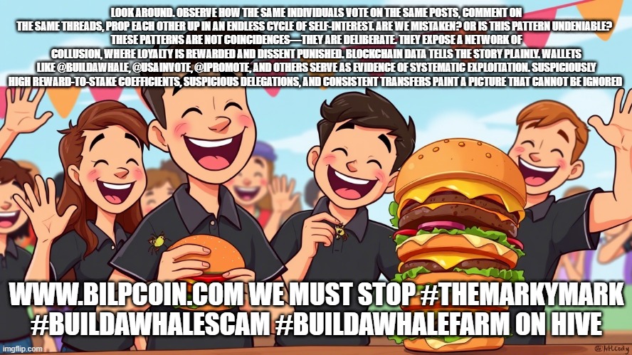 LOOK AROUND. OBSERVE HOW THE SAME INDIVIDUALS VOTE ON THE SAME POSTS, COMMENT ON THE SAME THREADS, PROP EACH OTHER UP IN AN ENDLESS CYCLE OF SELF-INTEREST. ARE WE MISTAKEN? OR IS THIS PATTERN UNDENIABLE?  
THESE PATTERNS ARE NOT COINCIDENCES—THEY ARE DELIBERATE. THEY EXPOSE A NETWORK OF COLLUSION, WHERE LOYALTY IS REWARDED AND DISSENT PUNISHED. BLOCKCHAIN DATA TELLS THE STORY PLAINLY. WALLETS LIKE @BUILDAWHALE, @USAINVOTE, @IPROMOTE, AND OTHERS SERVE AS EVIDENCE OF SYSTEMATIC EXPLOITATION. SUSPICIOUSLY HIGH REWARD-TO-STAKE COEFFICIENTS, SUSPICIOUS DELEGATIONS, AND CONSISTENT TRANSFERS PAINT A PICTURE THAT CANNOT BE IGNORED; WWW.BILPCOIN.COM WE MUST STOP #THEMARKYMARK #BUILDAWHALESCAM #BUILDAWHALEFARM ON HIVE | made w/ Imgflip meme maker