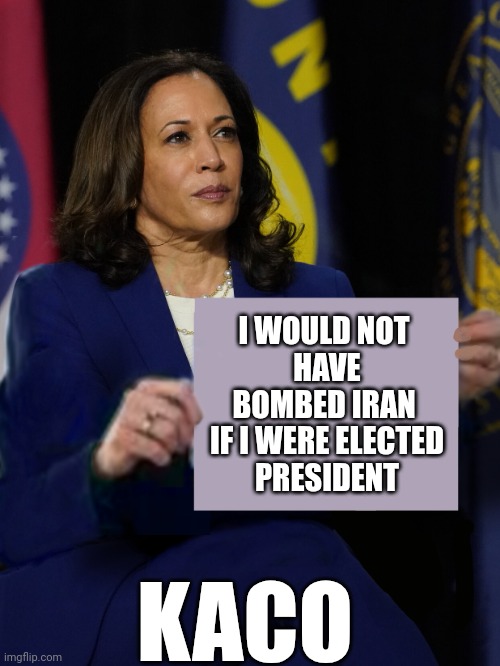 Kamala Harris Holding Sign | I WOULD NOT
 HAVE BOMBED IRAN
 IF I WERE ELECTED
 PRESIDENT KACO | image tagged in kamala harris holding sign | made w/ Imgflip meme maker