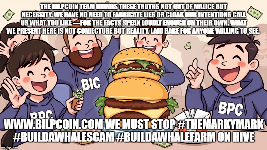 THE BILPCOIN TEAM BRINGS THESE TRUTHS NOT OUT OF MALICE BUT NECESSITY. WE HAVE NO NEED TO FABRICATE LIES OR CLOAK OUR INTENTIONS CALL US WHAT YOU LIKE —FOR THE FACTS SPEAK LOUDLY ENOUGH ON THEIR OWN. WHAT WE PRESENT HERE IS NOT CONJECTURE BUT REALITY, LAID BARE FOR ANYONE WILLING TO SEE. WWW.BILPCOIN.COM WE MUST STOP #THEMARKYMARK #BUILDAWHALESCAM #BUILDAWHALEFARM ON HIVE | made w/ Imgflip meme maker