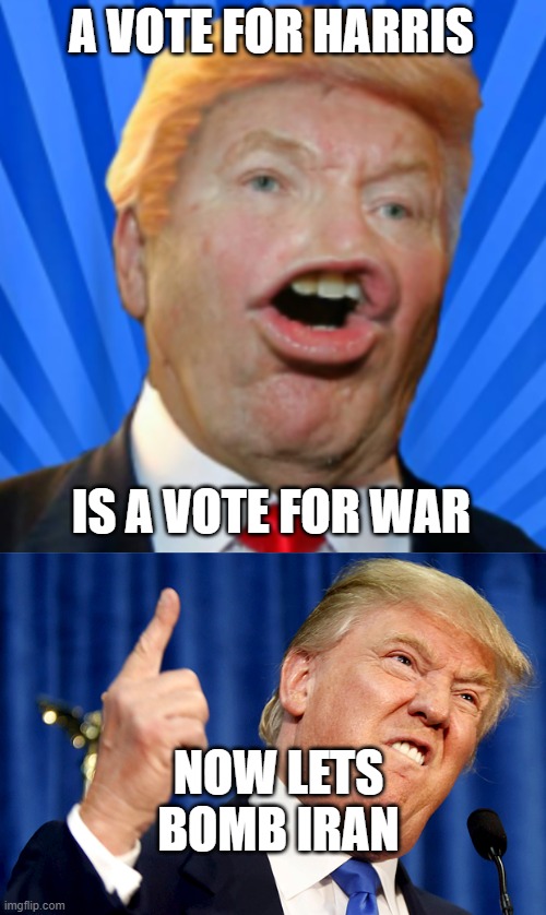 TRUMP WAS A SCAM | A VOTE FOR HARRIS; IS A VOTE FOR WAR; NOW LETS BOMB IRAN | image tagged in pathetic don,donald trump | made w/ Imgflip meme maker