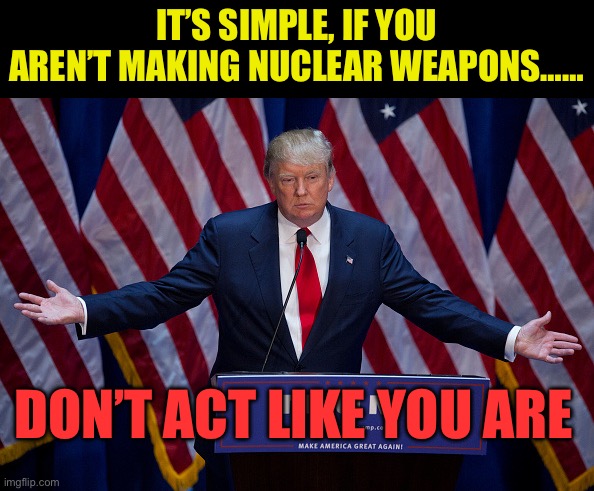 Iran, when they say “Death to America”.  Believe them | IT’S SIMPLE, IF YOU AREN’T MAKING NUCLEAR WEAPONS……; DON’T ACT LIKE YOU ARE | image tagged in donald trump,iran,peace,president trump,trump administration | made w/ Imgflip meme maker