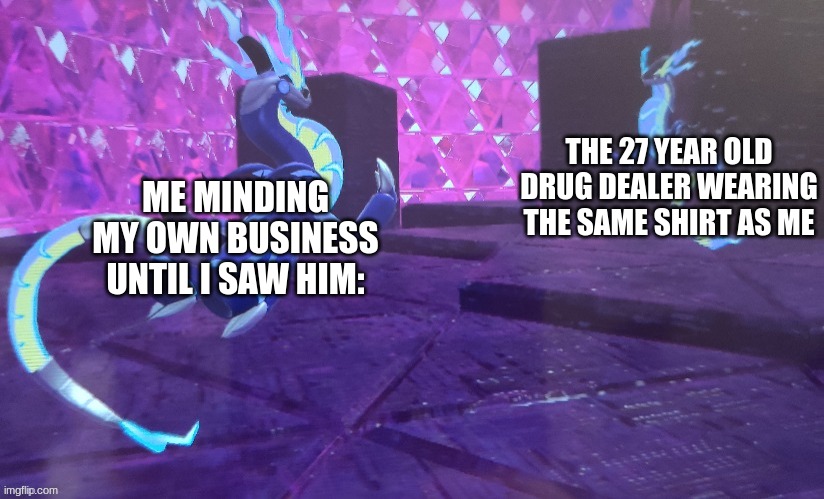 bro thinks i`m gonna carry on his legacy | THE 27 YEAR OLD DRUG DEALER WEARING THE SAME SHIRT AS ME; ME MINDING MY OWN BUSINESS UNTIL I SAW HIM: | image tagged in miraidon vs miraidon | made w/ Imgflip meme maker