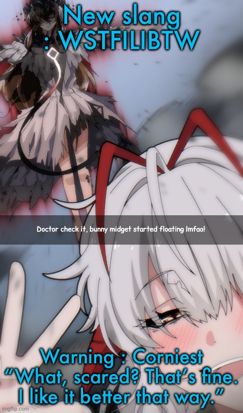 Doctor check it | New slang : WSTFILIBTW; Warning : Corniest “What, scared? That’s fine. I like it better that way.” | image tagged in doctor check it | made w/ Imgflip meme maker