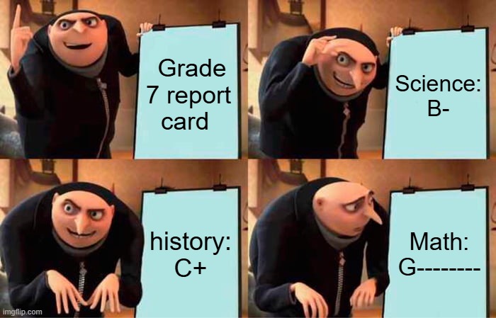 Gru's Plan Meme | Grade 7 report card; Science: B-; history: C+; Math: G-------- | image tagged in memes,gru's plan | made w/ Imgflip meme maker
