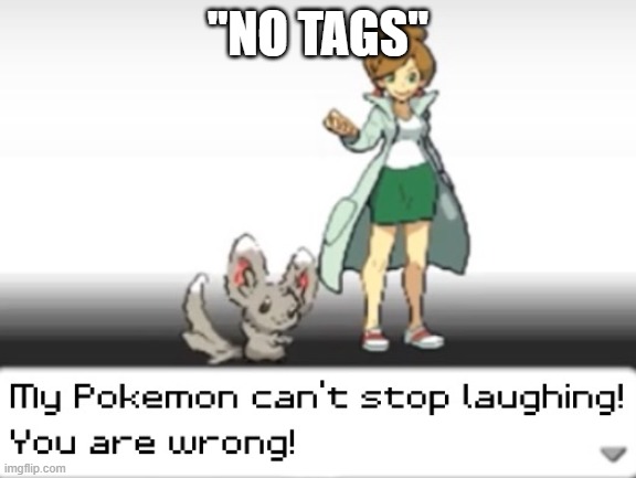 My Pokemon can't stop laughing! You are wrong! | "NO TAGS" | image tagged in my pokemon can't stop laughing you are wrong | made w/ Imgflip meme maker
