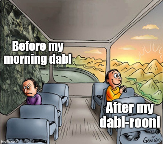 dabl-rooni | Before my morning dabl; After my dabl-rooni | image tagged in two guys on a bus,dank memes,dab,dabs,dabbing,oil | made w/ Imgflip meme maker