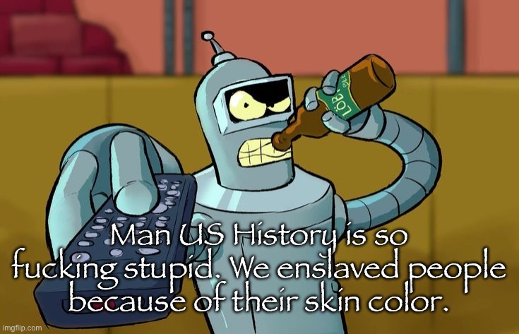 Bender T.V. Remote | Man US History is so fucking stupid. We enslaved people because of their skin color. | image tagged in bender t v remote | made w/ Imgflip meme maker
