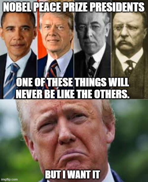 Trump's Nobel Peace Prize | NOBEL PEACE PRIZE PRESIDENTS; ONE OF THESE THINGS WILL NEVER BE LIKE THE OTHERS. BUT I WANT IT | image tagged in trump,nobel peace prize,maga | made w/ Imgflip meme maker