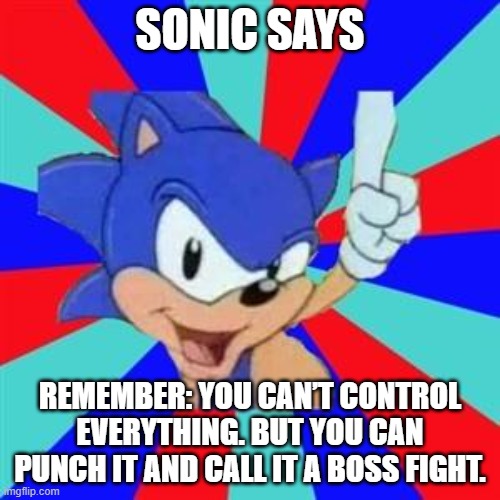 Sonic sez | SONIC SAYS; REMEMBER: YOU CAN’T CONTROL EVERYTHING. BUT YOU CAN PUNCH IT AND CALL IT A BOSS FIGHT. | image tagged in sonic sez | made w/ Imgflip meme maker