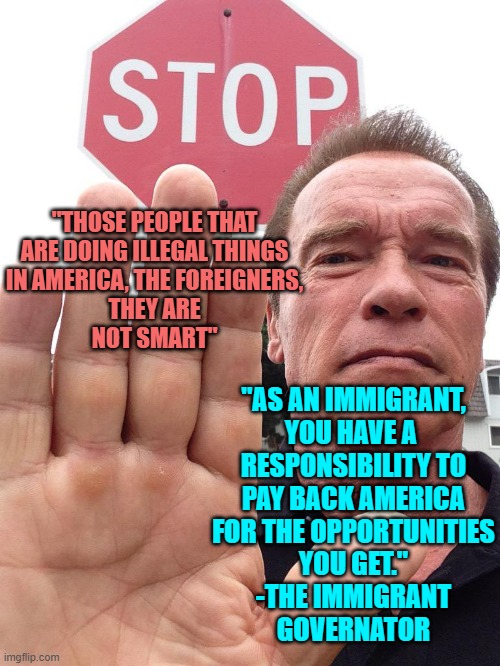If you USE America for Personal Gain, BEHAVE like a Guest in your Hosts Home | "THOSE PEOPLE THAT
ARE DOING ILLEGAL THINGS
IN AMERICA, THE FOREIGNERS,
THEY ARE
NOT SMART"; "AS AN IMMIGRANT,
YOU HAVE A 
RESPONSIBILITY TO
PAY BACK AMERICA
FOR THE OPPORTUNITIES
YOU GET."
-THE IMMIGRANT
GOVERNATOR | image tagged in arnold schwarzenegger stop,california,governor,illegal immigration,president trump,the view | made w/ Imgflip meme maker