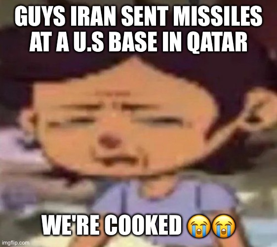 first war guys, kinda nervous | GUYS IRAN SENT MISSILES AT A U.S BASE IN QATAR; WE'RE COOKED 😭😭 | image tagged in luz distressed | made w/ Imgflip meme maker