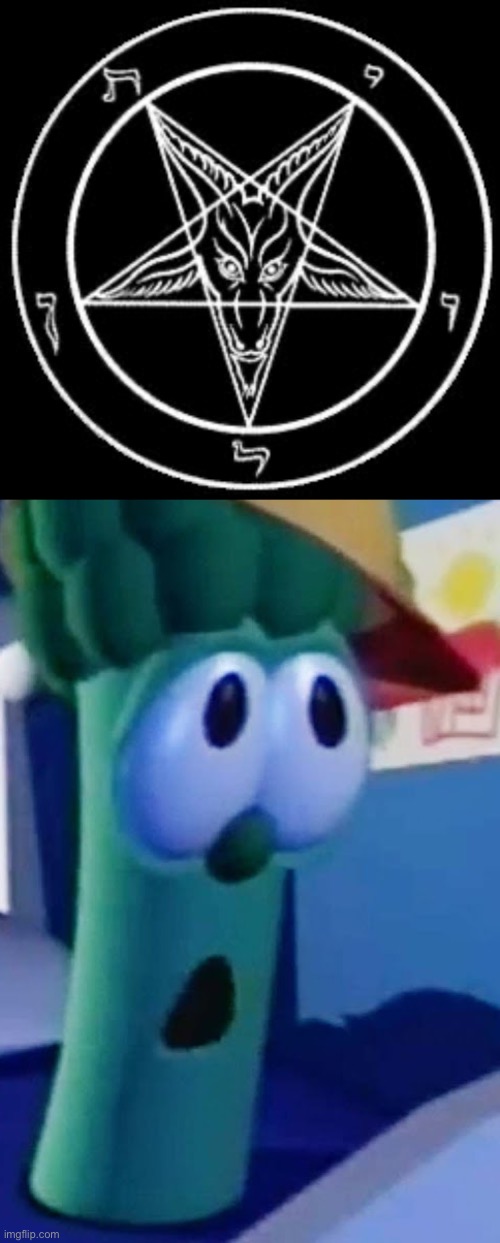 Veggietales terrified of pentagram | image tagged in inverted pentagram | made w/ Imgflip meme maker