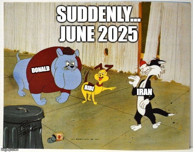 Get him! | SUDDENLY...
JUNE 2025; DONALD; IRAN; BIBI | image tagged in chester and spike,bibi,donald,iran | made w/ Imgflip meme maker