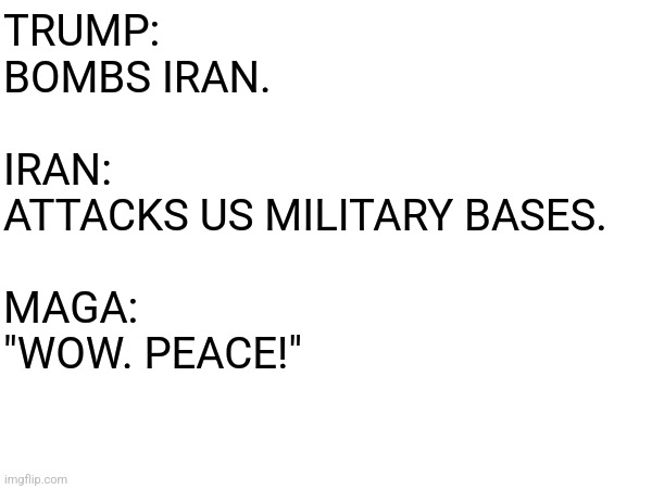 Irony at its best. | TRUMP: 
BOMBS IRAN.
 
IRAN: 
ATTACKS US MILITARY BASES.
 
MAGA:
"WOW. PEACE!" | image tagged in iran,trump | made w/ Imgflip meme maker