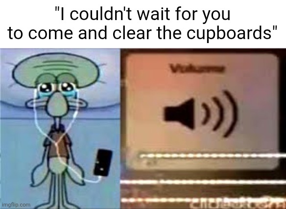 Anyone who gets this is a real one | "I couldn't wait for you to come and clear the cupboards" | image tagged in squidward crying listening to music | made w/ Imgflip meme maker