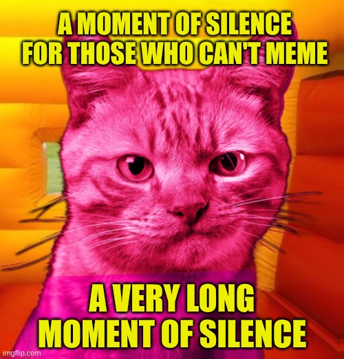 They Cat Meme | A MOMENT OF SILENCE FOR THOSE WHO CAN'T MEME; A VERY LONG MOMENT OF SILENCE | image tagged in pink ray cat,can't meme,the scroll of truth,the most interesting cat in the world,silence | made w/ Imgflip meme maker