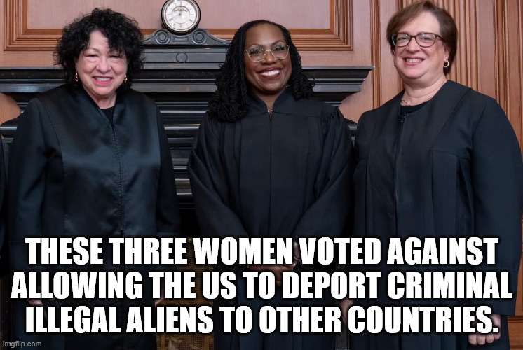 These three women voted AGAINST allowing the US to deport criminal illegal aliens to other countries. | THESE THREE WOMEN VOTED AGAINST ALLOWING THE US TO DEPORT CRIMINAL ILLEGAL ALIENS TO OTHER COUNTRIES. | image tagged in liberal judges,supreme court,liberal women | made w/ Imgflip meme maker