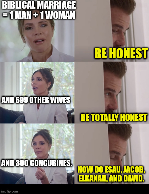 King Solomon had a “Biblical Marriage” (1 Kings 11:3) | BIBLICAL MARRIAGE = 1 MAN + 1 WOMAN; BE HONEST; AND 699 OTHER WIVES; BE TOTALLY HONEST; AND 300 CONCUBINES. NOW DO ESAU, JACOB, ELKANAH, AND DAVID. | image tagged in dank,christian,memes,bible,marriage,wife | made w/ Imgflip meme maker