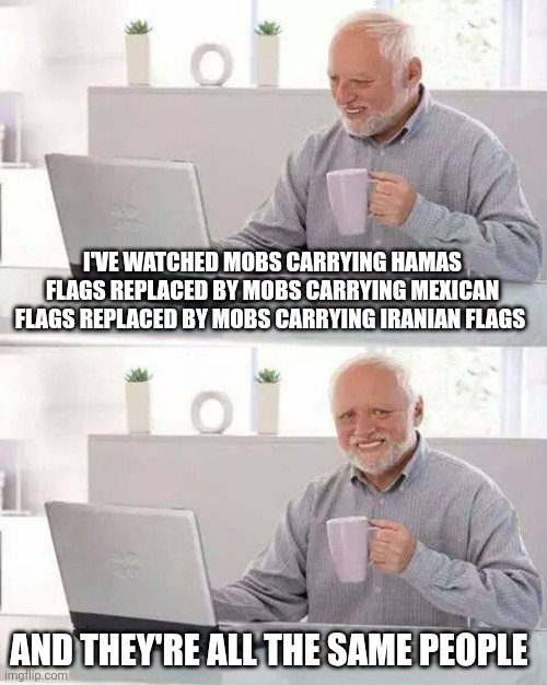 Hide the Pain Harold Meme | I'VE WATCHED MOBS CARRYING HAMAS FLAGS REPLACED BY MOBS CARRYING MEXICAN FLAGS REPLACED BY MOBS CARRYING IRANIAN FLAGS; AND THEY'RE ALL THE SAME PEOPLE | image tagged in memes,hide the pain harold | made w/ Imgflip meme maker