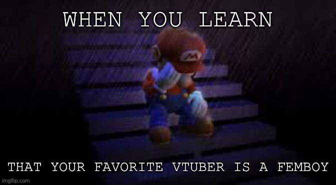 It hit me this week | WHEN YOU LEARN; THAT YOUR FAVORITE VTUBER IS A FEMBOY | image tagged in sad mario,femboy,vtuber,memes,funny,relatable | made w/ Imgflip meme maker