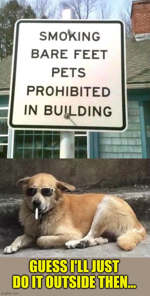 Only non-smoking pets with shoes are allowed. | GUESS I'LL JUST DO IT OUTSIDE THEN... | image tagged in funny signs,smoking,barefoot,pets,banned | made w/ Imgflip meme maker