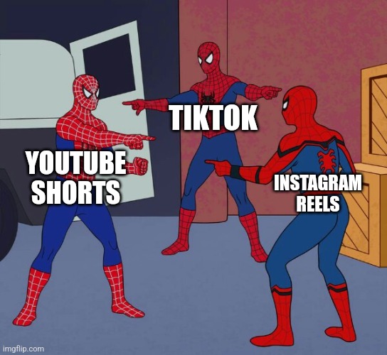 spider man triple | TIKTOK; YOUTUBE SHORTS; INSTAGRAM REELS | image tagged in spider man triple | made w/ Imgflip meme maker