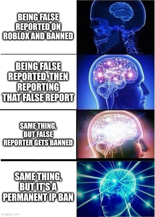 False reporting has to stop | BEING FALSE REPORTED ON ROBLOX AND BANNED; BEING FALSE REPORTED, THEN REPORTING THAT FALSE REPORT; SAME THING, BUT FALSE REPORTER GETS BANNED; SAME THING, BUT IT'S A PERMANENT IP BAN | image tagged in memes,expanding brain,roblox | made w/ Imgflip meme maker