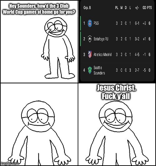 hey little man hows it goin | Hey Sounders, how’d the 3 Club World Cup games at home go for you? Jesus Christ.
Fuck y’all | image tagged in hey little man hows it goin | made w/ Imgflip meme maker