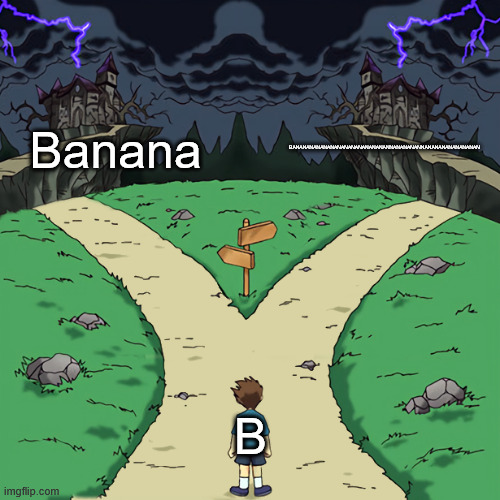 Two paths | Banana; BANANANANANANANANANANANANANANNANANANANNANANANANANANANAN; B | image tagged in two paths | made w/ Imgflip meme maker