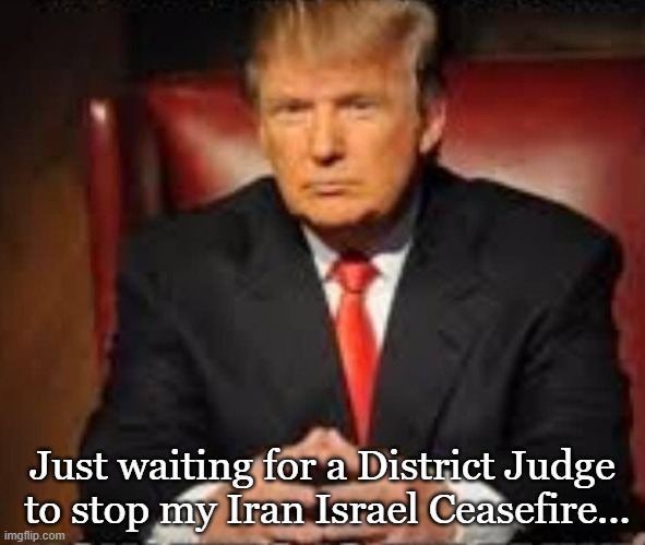You know it will happen | Just waiting for a District Judge  to stop my Iran Israel Ceasefire... | image tagged in trump waiting,donald trump,political meme,conservatives,maga | made w/ Imgflip meme maker