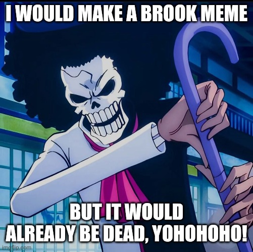 YOHOHOHO! | I WOULD MAKE A BROOK MEME; BUT IT WOULD ALREADY BE DEAD, YOHOHOHO! | image tagged in skeleton,one piece | made w/ Imgflip meme maker