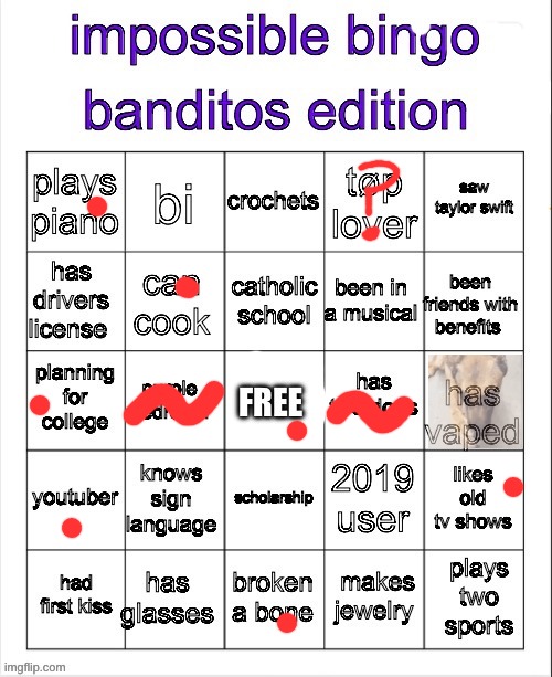 I mean I can't talk about the vaping part, back when I got really stressed I stole cigs and alcohol from my parents sooo... | image tagged in banditos impossible bingo 3 | made w/ Imgflip meme maker