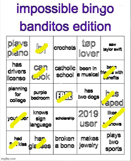 banditos impossible bingo 3 | image tagged in banditos impossible bingo 3 | made w/ Imgflip meme maker