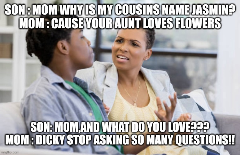 Always questions | SON : MOM WHY IS MY COUSINS NAME JASMIN?


MOM : CAUSE YOUR AUNT LOVES FLOWERS; SON: MOM,AND WHAT DO YOU LOVE???


MOM : DICKY STOP ASKING SO MANY QUESTIONS!! | image tagged in mother and son | made w/ Imgflip meme maker