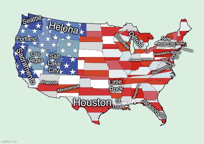 I found this template from the tag, and so I named all the state capitols I could think of the top of my head | Seattle; Helena; New York City; Portland; Detroit; Milaulkee; Boston; Providence; Philadelphia; Las Vegas; Jersey City; Cleveland; Indianapolis; Salt Lake City; Charlottesville; Sacramento; Richmond; Pheonix; Albuquerque; Little Rock; Montgomery; Houston; St. Louis; Jacksonville | image tagged in united states of america | made w/ Imgflip meme maker