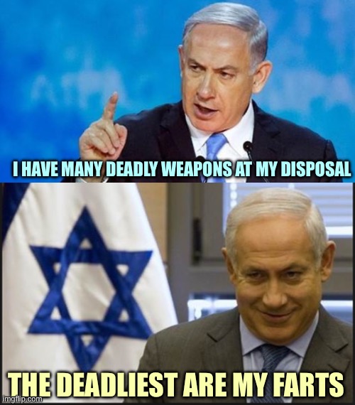 WMD | I HAVE MANY DEADLY WEAPONS AT MY DISPOSAL; THE DEADLIEST ARE MY FARTS | image tagged in netanyahu,israel netanyahu,memes | made w/ Imgflip meme maker