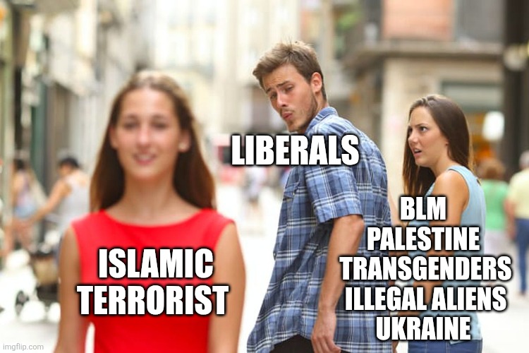 Distracted Boyfriend | LIBERALS; BLM 
PALESTINE 
TRANSGENDERS
ILLEGAL ALIENS
UKRAINE; ISLAMIC TERRORIST | image tagged in memes,distracted boyfriend | made w/ Imgflip meme maker