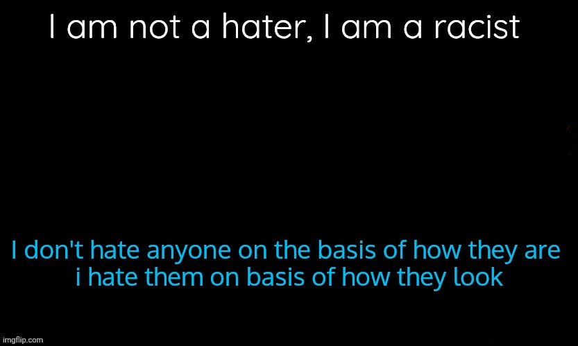 The Blue | I am not a hater, I am a racist; I don't hate anyone on the basis of how they are 
i hate them on basis of how they look | image tagged in the blue | made w/ Imgflip meme maker