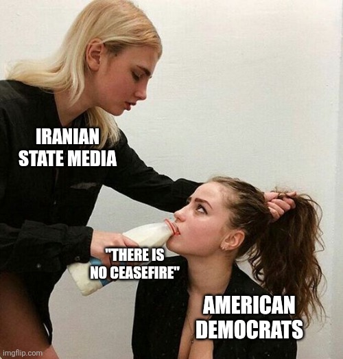 treated like veal | IRANIAN STATE MEDIA; "THERE IS NO CEASEFIRE"; AMERICAN DEMOCRATS | image tagged in milk girls,political meme,democrats | made w/ Imgflip meme maker