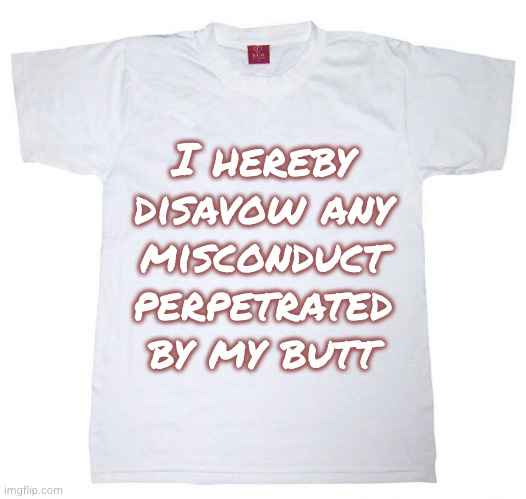 Tshirt meme | I hereby
disavow any
misconduct
perpetrated
by my butt | image tagged in tshirt meme | made w/ Imgflip meme maker