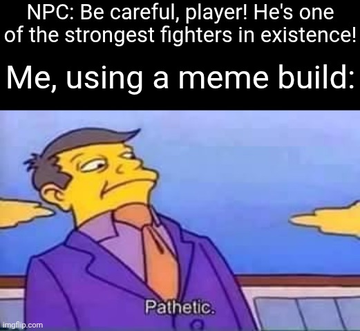 skinner pathetic | NPC: Be careful, player! He's one of the strongest fighters in existence! Me, using a meme build: | image tagged in skinner pathetic | made w/ Imgflip meme maker