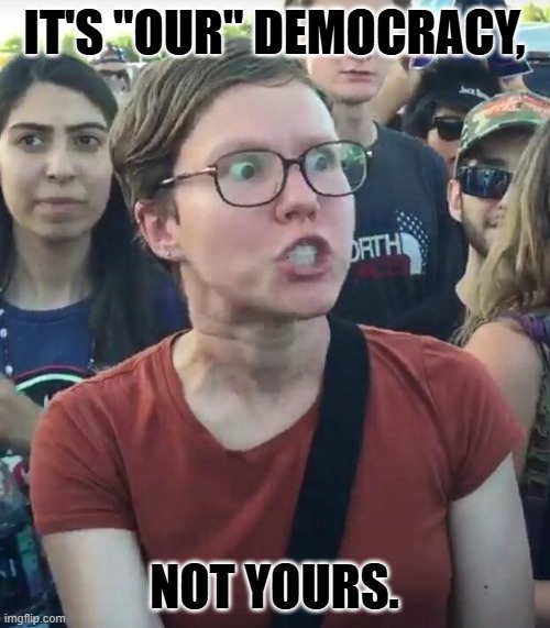 super_triggered | IT'S "OUR" DEMOCRACY, NOT YOURS. | image tagged in super_triggered | made w/ Imgflip meme maker