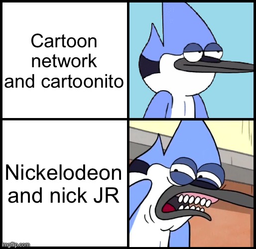 This is why you chose cartoon network and nickelodeon | Cartoon network and cartoonito; Nickelodeon and nick JR | image tagged in mordecai disgusted,cartoon network,nickelodeon | made w/ Imgflip meme maker