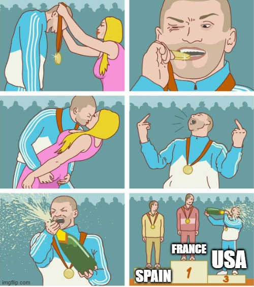 4th of July | FRANCE; USA; SPAIN | image tagged in 3rd place celebration,us independence,american revolution | made w/ Imgflip meme maker